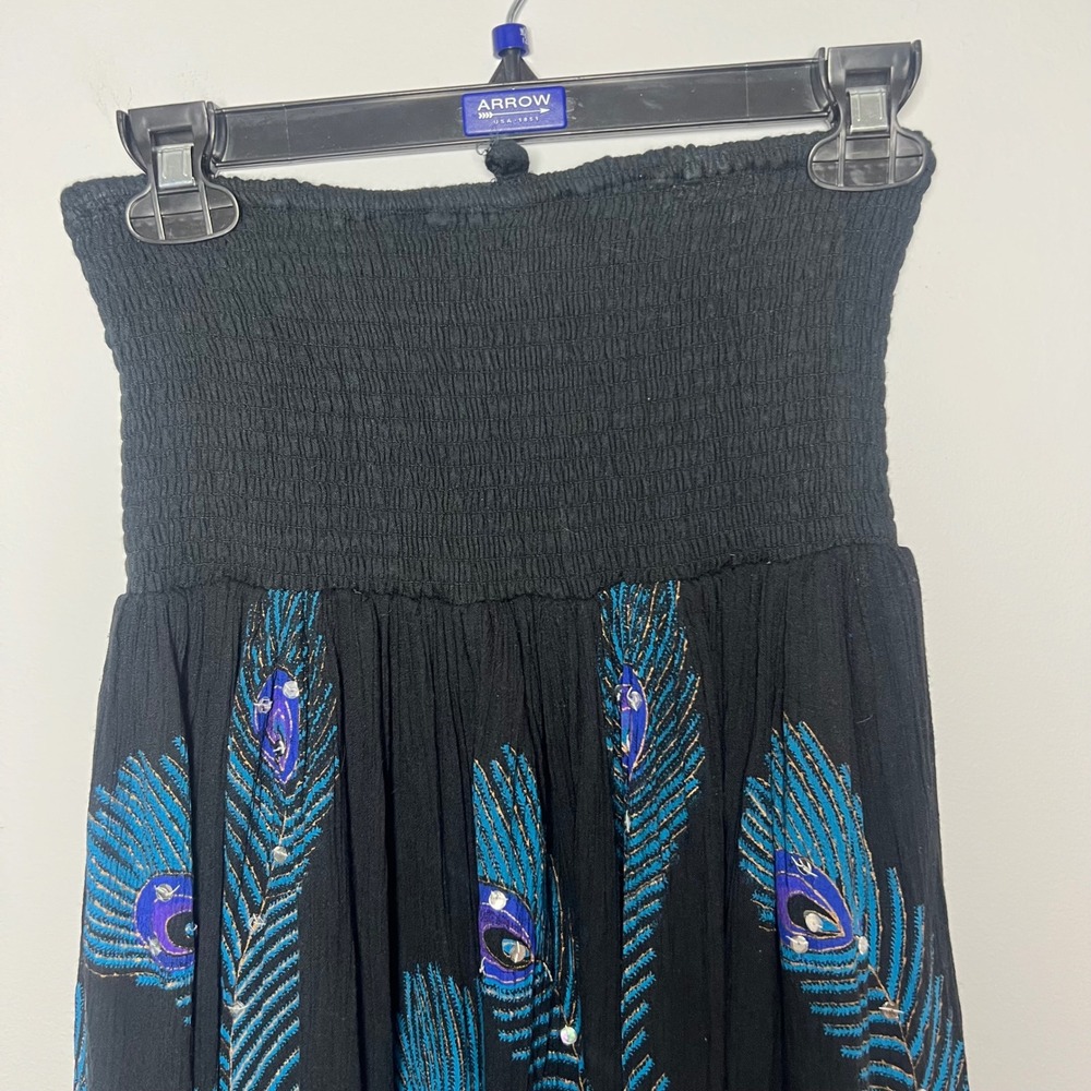Womens Large Black Peacock Feather Smocked Strapless Sequin Mini Dress Y2K 90's - Picture 5 of 7